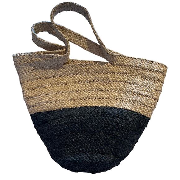 Ann Taylor Woven Tote Bag Tan and Black 17" x 13" Tall - Beach Summer - Picture 1 of 7